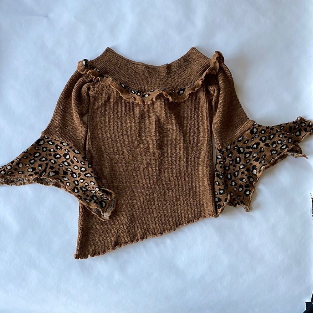 French Asymmetrical Sweater with Bell Sleeves, Wide Collar, Animal Print - Picture 2 of 6